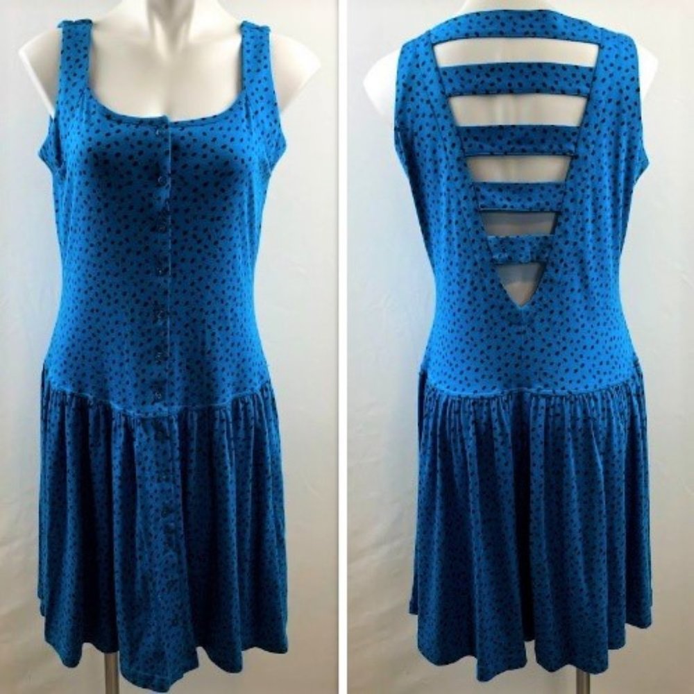 Vintage 80s Blue Cut-Out Polka Dot Dress Large